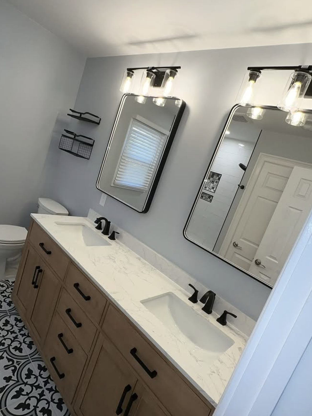 Wood double vanity with black hardware in East Brunswick, NJ