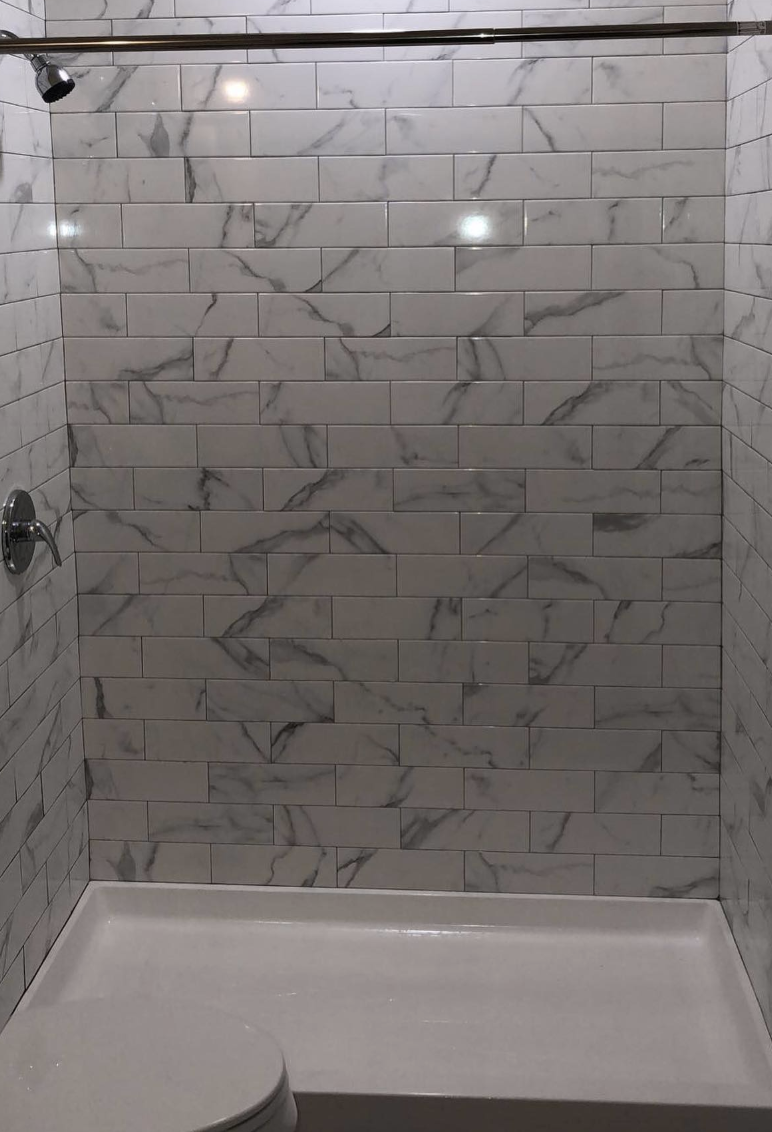 Marble subway tile shower wall install in Old Bridge, NJ